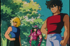 Seiya, Shun et Hyôga regardant Shiryû partir